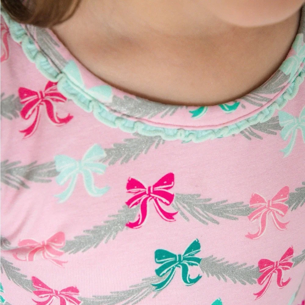 Rufflebutts Charming Pink Bow Print Kids Pajama Set 18-24 months 3T 4T